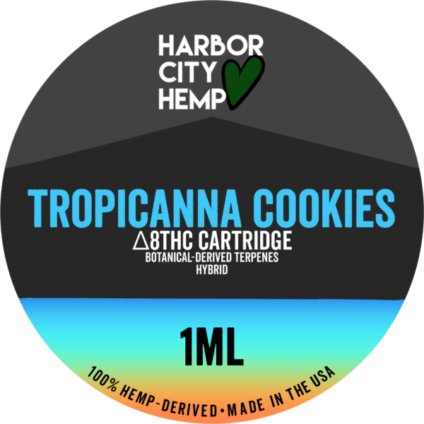 A Harbor City Hemp tropicanna cookies flavored BDT vape cartridge with 1ml of delta-8 THC