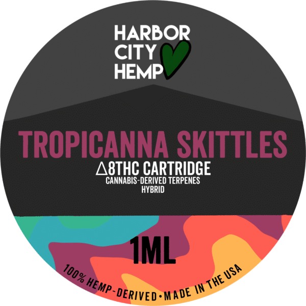 A Harbor City Hemp tropicanna skittles flavored CDT vape cartridge with 1ml of delta-8 THC