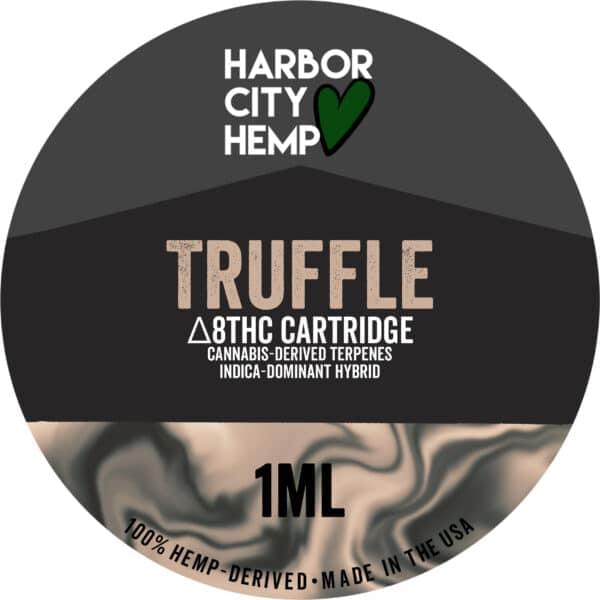 A Harbor City Hemp truffle flavored CDT vape cartridge with 1ml of delta-8 THC