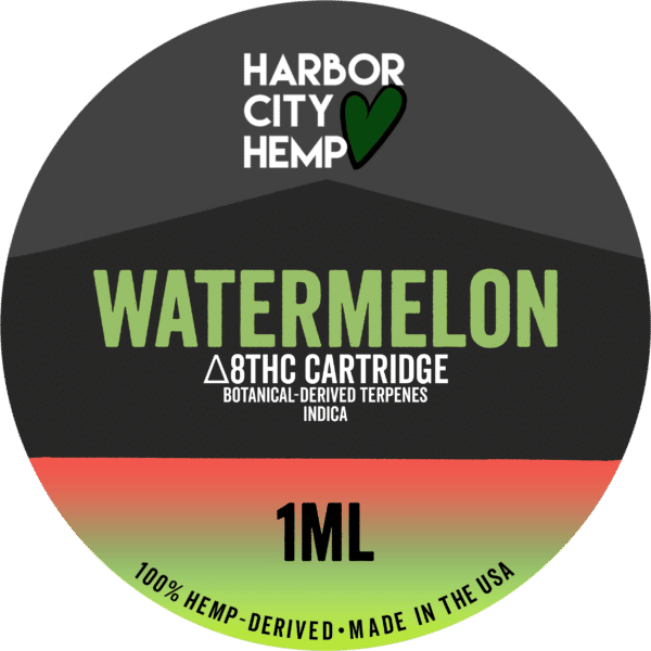 A Harbor City Hemp watermelon flavored BDT vape cartridge with 1ml of delta-8 THC