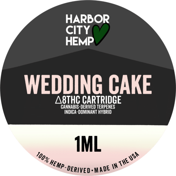 A Harbor City Hemp wedding cake flavored CDT vape cartridge with 1ml of delta-8 THC