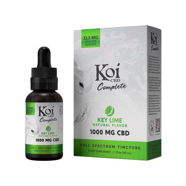A Koi CBD Complete Full Spectrum key lime flavored tincture with 1000mg CBD and its packaging