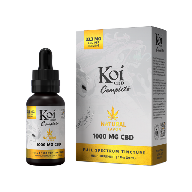 A Koi CBD Complete Full Spectrum natural flavored tincture with 1000mg CBD and its packaging