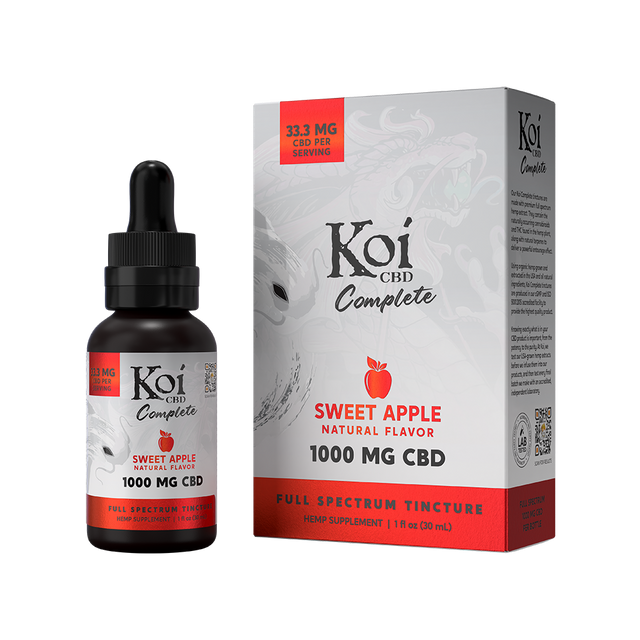 A Koi CBD Complete Full Spectrum sweet apple flavored tincture with 1000mg CBD and its packaging