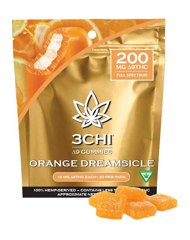 A 3CHI Delta-9 Orange Dreamsicle Gummies Pouch with 200mg of delta-9 THC and gummies outside of it