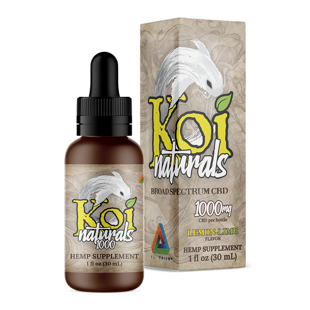 A Koi Naturals lemon lime flavored tincture with 1000mg CBD and its packaging