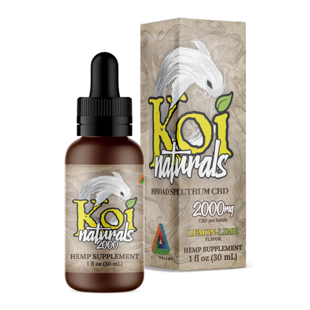 A Koi Naturals lemon lime flavored tincture with 2000mg CBD and its packaging