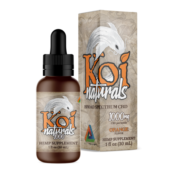 A Koi Naturals orange flavored tincture with 1000mg CBD and its packaging