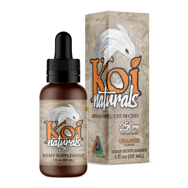 A Koi Naturals orange flavored tincture with 250mg CBD and its packaging