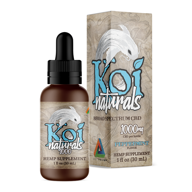 A Koi Naturals peppermint flavored tincture with 1000mg CBD and its packaging