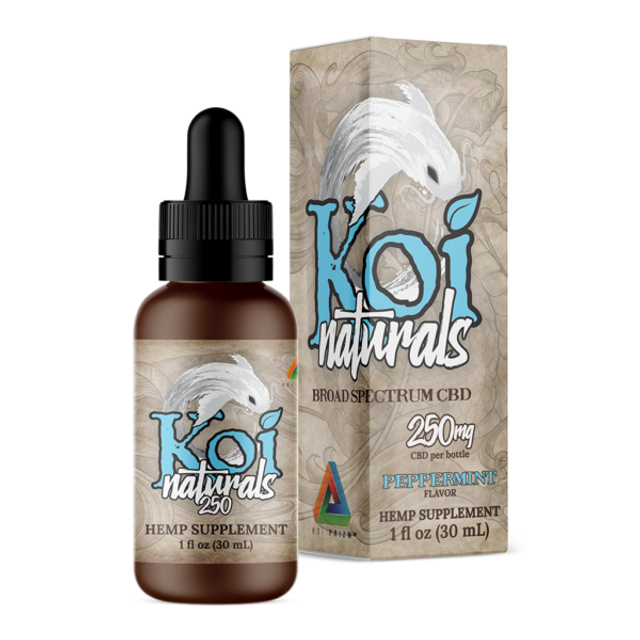 A Koi Naturals peppermint flavored tincture with 250mg CBD and its packaging