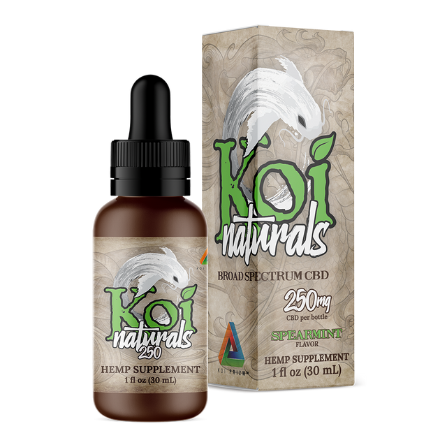 A Koi Naturals spearmint flavored tincture with 250mg CBD and its packaging
