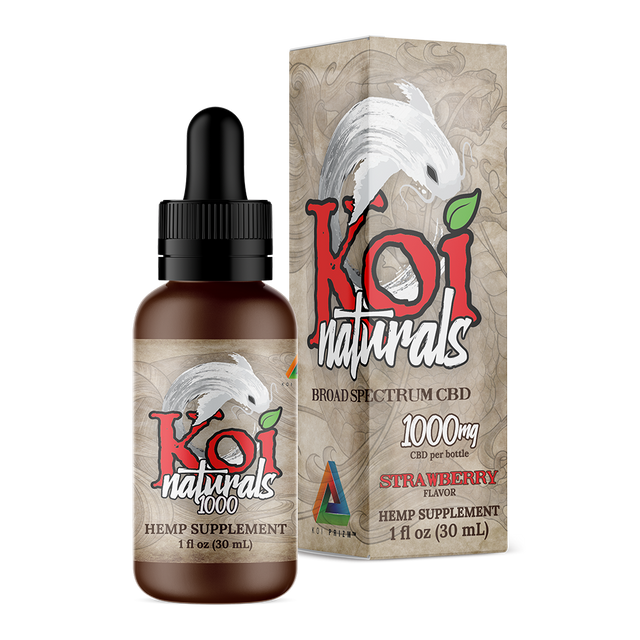 A Koi Naturals strawberry flavored tincture with 1000mg CBD and its packaging